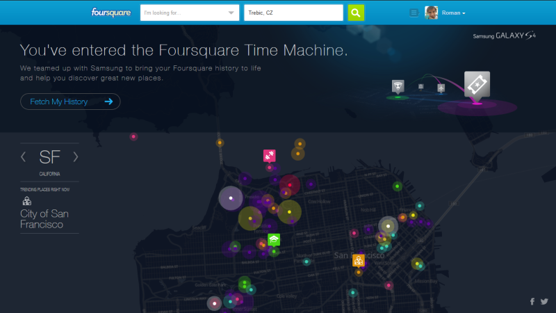 úvodní stránka Foursquare Time Machine úvodní stránka Foursquare Time Machine